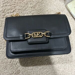Michael Kors Black Leather Crossbody with Gold MK Link